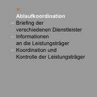  	► 	Ablaufkoordination –	Briefing der  	verschiedenen Dienstle